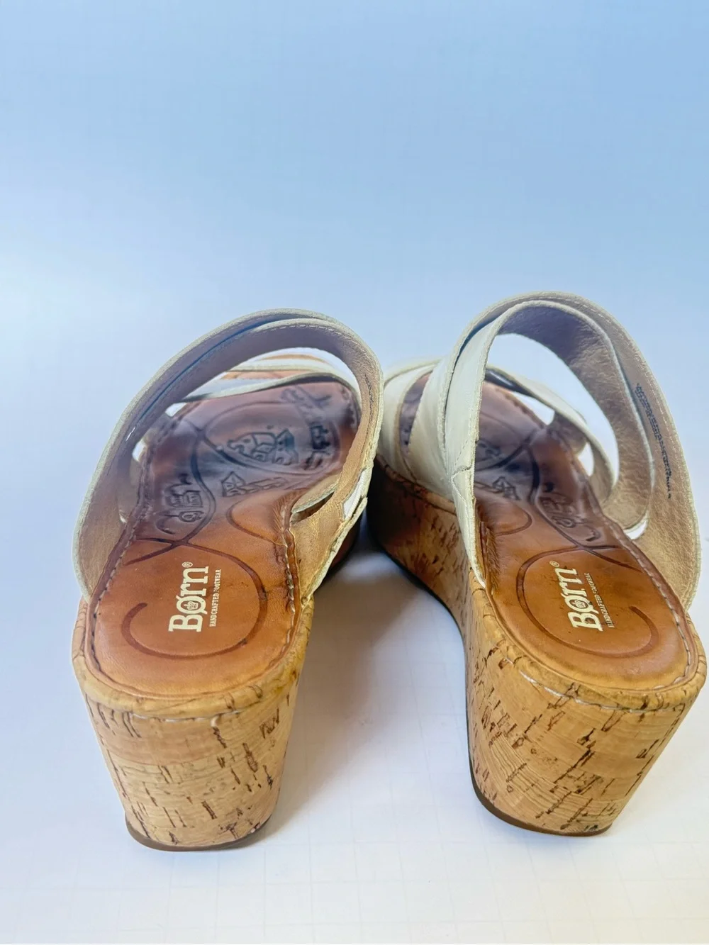 Born Cream Leather Cork Wedge Slide Sandals